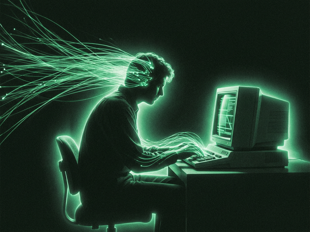 A person at a retro computer with streams of green light flowing from their head to the keyboard