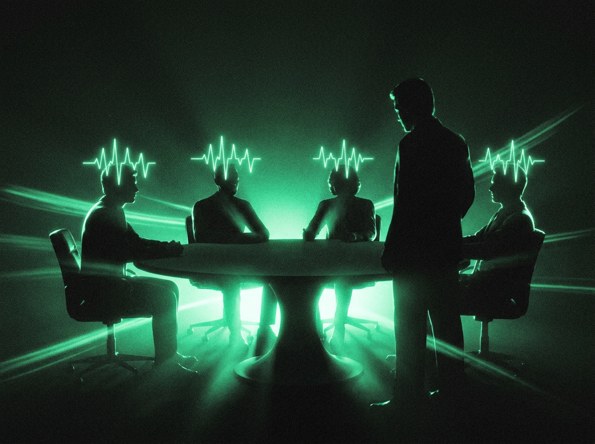 Silhouetted team around a boardroom table with glowing waveforms above their heads