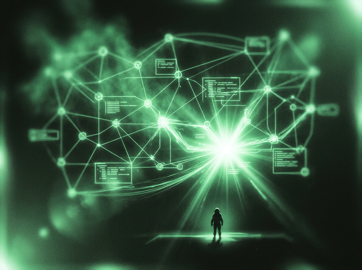 A lone figure standing in front of a giant glowing map of connected nodes