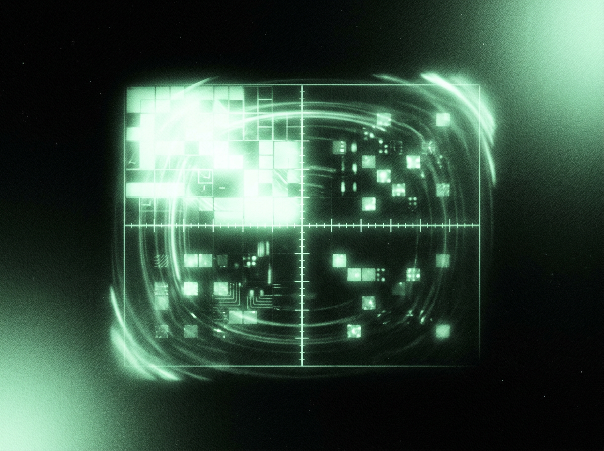 A dark screen with a glowing quadrant grid and clusters of bright tiles