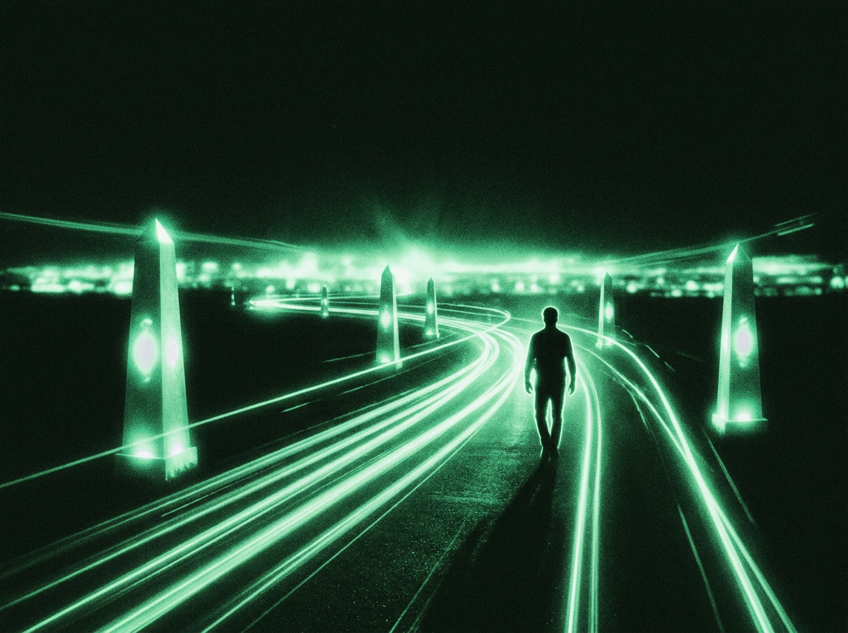 A figure walking a dark road lined with glowing markers toward a lit horizon
